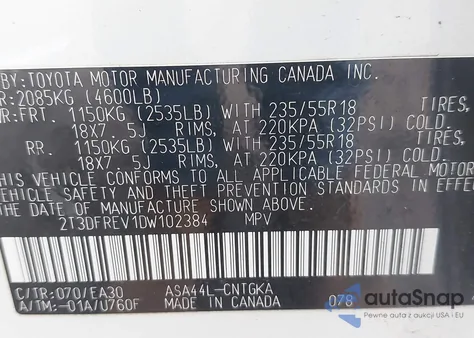 2013 Toyota Rav4 Limited z USA, uszkodzony, nr VIN 2T3DFREV1DW102384